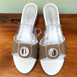 Cute Isaac Mizrahi tan, white, and silver open toe slides sandals size 10